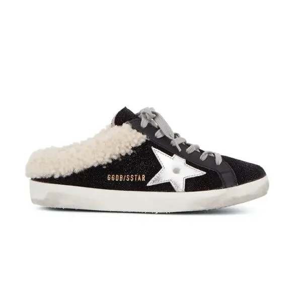 Golden Goose Sabot Shearling Lined Leather Slip On Sneakers Black White Size 10 - Picture 2 of 16